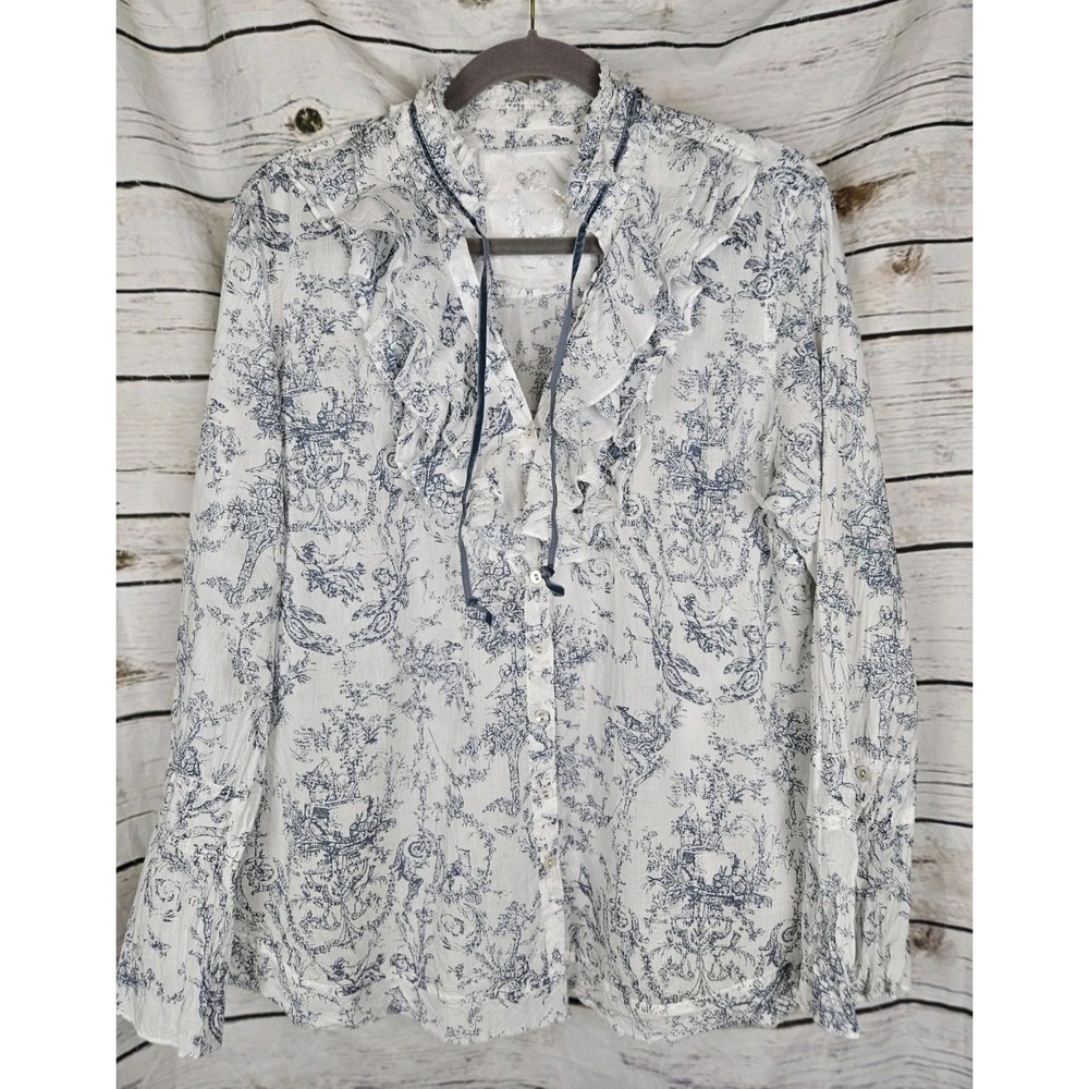 Cino Toile Blue Floral Button Up Top XL 100% Cotton Velvet Ties